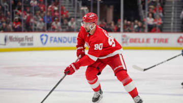 Mar 18, 2023; Detroit, Michigan, USA; Detroit Red Wings center Joe Veleno (90) handles the puck during the second period at Little Caesars Arena. Mandatory Credit: Brian Bradshaw Sevald-USA TODAY Sports