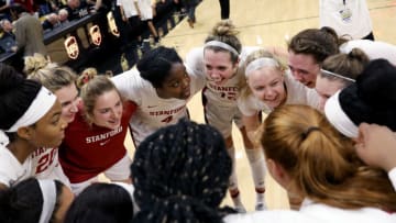 BOULDER, COLORADO - FEBRUARY 16: Members of the Stanford Cardinal huddle together at the end of a game between the Stanford Cardinal and the Colorado Buffaloes at Coors Events Center on February 16, 2020 in Boulder, Colorado. The Cardinal defeated the Buffaloes 69-66 with a buzzer-beating half court shot from Kiana Williams #23 of the Stanford Cardinal. (Photo by Lizzy Barrett/Getty Images)