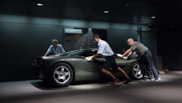 Sep 6, 2017; Naples, FL; The 240mph McLaren F1, one of 106 produced, is moved from its display in the lobby to one of the upper floors to keep it safe from Hurricane Irma. The Revs Institute in Naples, Florida moves the priceless Collier Collection of automobiles to the second and third floors of its museum to get them out of harm’s way as Hurricane Irma heads towards southern Florida. Mandatory Credit: Lauren Miles/The Revs Institute/Handout Photo via USA TODAY NETWORK