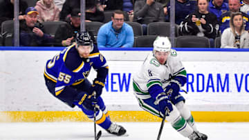 Mar 28, 2022; St. Louis, Missouri, USA; Vancouver Canucks right wing Conor Garland (8) controls the puck as St. Louis Blues defenseman Colton Parayko (55) defends during the first period at Enterprise Center. Mandatory Credit: Jeff Curry-USA TODAY Sports