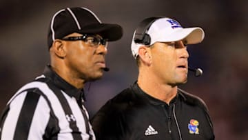 LAWRENCE, KS - SEPTEMBER 02: Head coach David Beaty (right) of the Kansas Jayhawks on the field during the game against the Southeast Missouri State Redhawks on September 2, 2017 in Lawrence, Kansas. (Photo by Brian Davidson/Getty Images)