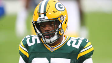 Jan 16, 2021; Green Bay, Wisconsin, USA; Green Bay Packers safety Will Redmond (25) against the Los Angeles Rams during the NFC Divisional Round at Lambeau Field. Mandatory Credit: Mark J. Rebilas-USA TODAY Sports