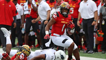 Sep 3, 2016; College Park, MD, USA; Maryland Terrapins wide receiver D.J. Moore (1) gains yards after a catch against the Howard Bisons at Byrd Stadium. Mandatory Credit: Mitch Stringer-USA TODAY Sports