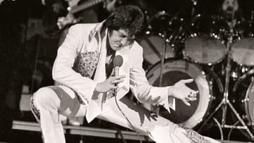 Elvis Presley in concert in Milwaukee, Wisconsin on April 27, 1977.
