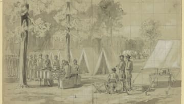 An 1864 illustration by William Waud of Union soldiers voting in Pennsylvania.