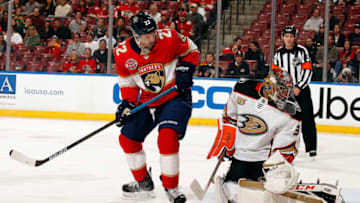 SUNRISE, FL - NOVEMBER 28: Goaltender John Gibson #36 of the Anaheim Ducks defends the net against Troy Brouwer #22 of the Florida Panthers at the BB&T Center on November 28, 2018 in Sunrise, Florida. (Photo by Eliot J. Schechter/NHLI via Getty Images)