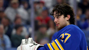 Apr 8, 2023; Buffalo, New York, USA; Buffalo Sabres goaltender Devon Levi (27) during a stoppage in play against the Carolina Hurricanes in the third period at KeyBank Center. Mandatory Credit: Timothy T. Ludwig-USA TODAY Sports