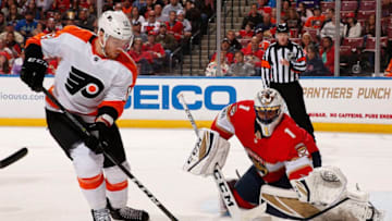 SUNRISE, FL - MARCH 4: Goaltender Roberto Luongo #1 of the Florida Panthers defends the net against Michael Raffl #12 of the Philadelphia Flyers at the BB&T Center on March 4, 2018 in Sunrise, Florida. (Photo by Eliot J. Schechter/NHLI via Getty Images)