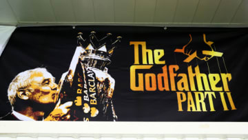 An image of Claudio Ranieri, manager of Leicester City lifting the Premier League trophy features on a banner next to the Godfather Part II film logo outside the stadium before the Emirates FA Cup Fourth Round replay match between Leicester City and Derby City at The King Power Stadium on February 8, 2017 in Leicester, England. (Photo by Matthew Lewis/Getty Images)