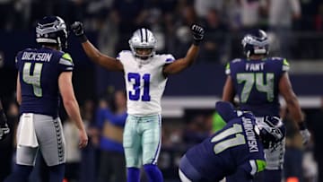 ARLINGTON, TEXAS - JANUARY 05: Byron Jones #31 of the Dallas Cowboys reacts after an unsuccessful field goal attempt by Sebastian Janikowski #11 of the Seattle Seahawks at the end of the second quarter during the Wild Card Round at AT&T Stadium on January 05, 2019 in Arlington, Texas. (Photo by Tom Pennington/Getty Images)