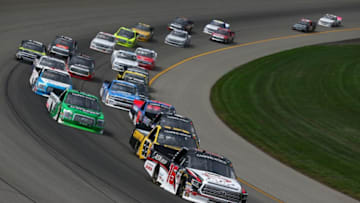 BROOKLYN, MI - AUGUST 11: Brett Moffitt, driver of the #16 Hino Toyota, leads a pack of trucks during the NASCAR Camping World Truck Series Corrigan Oil 200 at Michigan International Speedway on August 11, 2018 in Brooklyn, Michigan. (Photo by Sarah Crabill/Getty Images)