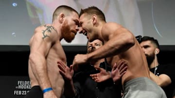 AUCKLAND, NEW ZEALAND - FEBRUARY 22: (L-R) Opponents Paul Felder and Dan Hooker of New Zealand face off during the UFC weigh-in at Spark Arena on February 22, 2020 in Auckland, New Zealand. (Photo by Mike Roach/Zuffa LLC via Getty Images)