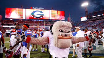 JACKSONVILLE, FL - OCTOBER 28: Georgia Bulldogs mascot celebrates after a game against the Florida Gators at EverBank Field on October 28, 2017 in Jacksonville, Florida. Georgia defeated Florida 42-7. (Photo by Joe Robbins/Getty Images)