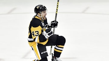 May 30, 2016; Pittsburgh, PA, USA; Pittsburgh Penguins left wing Conor Sheary (43) celebrates after scoring a goal against the San Jose Sharks in the first period in game one of the 2016 Stanley Cup Final at Consol Energy Center. Mandatory Credit: Don Wright-USA TODAY Sports