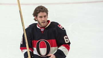 Dec 22, 2016; Ottawa, Ontario, CAN; Ottawa Senators left wing Mike Hoffman (68) is named the first star against the Anaheim Ducks at the Canadian Tire Centre. The Senators defeated the Ducks 2-1 in overtime. Mandatory Credit: Marc DesRosiers-USA TODAY Sports