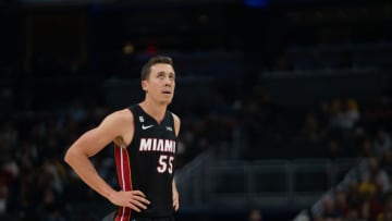 Nov 4, 2022; Indianapolis, Indiana, USA; Miami Heat guard Duncan Robinson (55) looks up at the scoreboard during the first half of a game against the Indiana Pacers at Gainbridge Fieldhouse. Mandatory Credit: Jacob Musselman-USA TODAY Sports