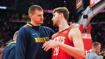 Denver Nuggets star Nikola Jokic and Alperen Sengun of the Houston Rockets. (Photo by Alex Bierens de Haan/Getty Images)