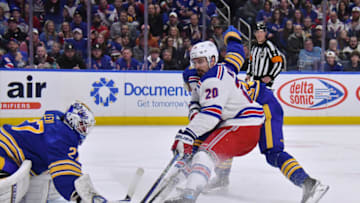 Mar 31, 2023; Buffalo, New York, USA; New York Rangers left wing Chris Kreider (20) has a shot blocked by Buffalo Sabres goaltender Devon Levi (27) in the first period at KeyBank Center. Mandatory Credit: Mark Konezny-USA TODAY Sports