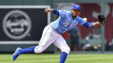 Kansas City Royals shortstop Alcides Escobar runs down a ground out on Detroit Tigers' Jose Iglesias in the eighth inning on Wednesday, July 25, 2018 at Kauffman Stadium in Kansas City, Mo. (John Sleezer/Kansas City Star/TNS via Getty Images)