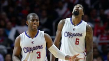 Oct 30, 2014; Los Angeles, CA, USA; Los Angeles Clippers center DeAndre Jordan (6) and guard Chris Paul (3) react to a foul call in the second half of the game against the Oklahoma City Thunder at Staples Center. Clippers won 93-90. Mandatory Credit: Jayne Kamin-Oncea-USA TODAY Sports