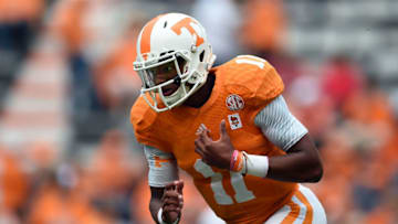 KNOXVILLE, TN - OCTOBER 11: Joshua Dobbs #11 of the Tennessee Volunteers participates in warmups prior to a game against the Chattanooga Mocs at Neyland Stadium on October 11, 2014 in Knoxville, Tennessee. Tennessee won the game 45-10. (Photo by Stacy Revere/Getty Images)