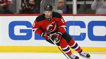Dec 27, 2016; Newark, NJ, USA; New Jersey Devils left wing Taylor Hall (9) skates with the puck during the first period of their game against the Pittsburgh Penguins at Prudential Center. Mandatory Credit: Ed Mulholland-USA TODAY Sports
