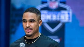 INDIANAPOLIS, IN - FEBRUARY 25: Jalen Hurts #QB08 of the Oklahoma Sooners speaks to the media at the Indiana Convention Center on February 25, 2020 in Indianapolis, Indiana. (Photo by Michael Hickey/Getty Images) *** Local Capture *** Jalen Hurts