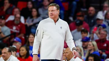 Feb 11, 2023; Norman, Oklahoma, USA; Kansas Jayhawks head coach Bill Self watches his team play against the Oklahoma Sooners during the second half at Lloyd Noble Center. Kansas won 78-55. Mandatory Credit: Alonzo Adams-USA TODAY Sports