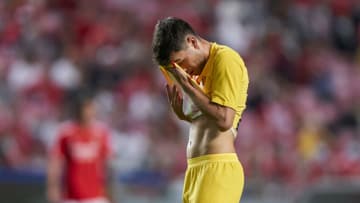 Pedri of FC Barcelona reacts during the Champions League group E match against SL Benfica. (Photo by Jose Manuel Alvarez/Quality Sport Images/Getty Images)
