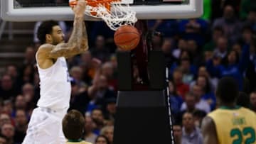 Mar 28, 2015; Cleveland, OH, USA; Kentucky Wildcats forward Willie Cauley-Stein (15) dunks against the Notre Dame Fighting Irish in the finals of the midwest regional of the 2015 NCAA Tournament at Quicken Loans Arena. Mandatory Credit: Rick Osentoski-USA TODAY Sports
