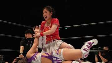 TOKYO, JAPAN - APRIL 29: Mei Suruga and AZM compete during the Women's Pro-Wrestling "Stardom" - Cinderella Tournament Final at Ota City General Gymnasium on April 29, 2022 in Tokyo, Japan. (Photo by Etsuo Hara/Getty Images)