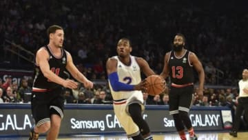 February 15, 2015; New York, NY, USA; Eastern Conference guard John Wall of the Washington Wizards (2) with the ball as Western Conference guard Klay Thompson of the Golden State Warriors (11) and Western Conference guard James Harden of the Houston Rockets (13) defend during the second half of the 2015 NBA All-Star Game at Madison Square Garden. Mandatory Credit: Bob Donnan-USA TODAY Sports
