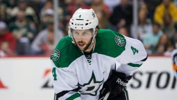 Apr 18, 2016; Saint Paul, MN, USA; Dallas Stars defenseman Jason Demers (4) in the second period against the Minnesota Wild in game three of the first round of the 2016 Stanley Cup Playoffs at Xcel Energy Center. Mandatory Credit: Brad Rempel-USA TODAY Sports