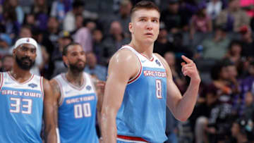 SACRAMENTO, CA - APRIL 4: Bogdan Bogdanovic #8 of the Sacramento Kings looks on during the game against the Cleveland Cavaliers on April 4, 2019 at Golden 1 Center in Sacramento, California. NOTE TO USER: User expressly acknowledges and agrees that, by downloading and or using this photograph, User is consenting to the terms and conditions of the Getty Images Agreement. Mandatory Copyright Notice: Copyright 2019 NBAE (Photo by Rocky Widner/NBAE via Getty Images)