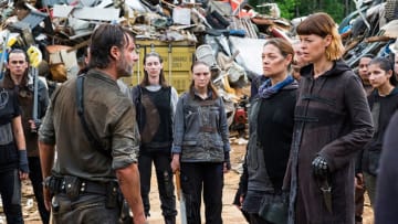 Rick Grimes (Andrew Lincoln), Tamiel (Sabrina Gennarino), Jadis (Pollyanna McIntosh) and Brion (Francis Murphy) in The Walking Dead Season 8 Episode 6Photo by Gene Page/AMC