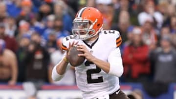 Nov 30, 2014; Orchard Park, NY, USA; Cleveland Browns quarterback Johnny Manziel (2) prepares to throw the ball during the second half against the Buffalo Bills at Ralph Wilson Stadium. Buffalo beats Cleveland 26 to 10. Mandatory Credit: Timothy T. Ludwig-USA TODAY Sports