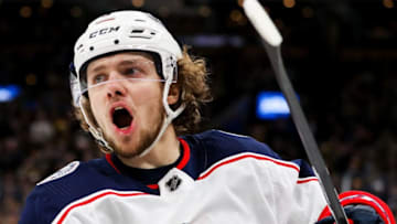 BOSTON, MA - APRIL 27: Artemi Panarin #9 of the Columbus Blue Jackets reacts after scoring in the second period in Game Two of the Eastern Conference Second Round against the Boston Bruins during the 2019 NHL Stanley Cup Playoffs at TD Garden on April 27, 2019 in Boston, Massachusetts. (Photo by Adam Glanzman/Getty Images)