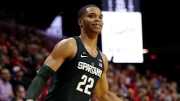 PISCATAWAY, NJ - DECEMBER 05: Miles Bridges #22 of the Michigan State Spartans celebrates his three point shot in the second half against the Rutgers Scarlet Knights on December 5, 2017 at the Rutgers Athletic Center in Piscataway, New Jersey. (Photo by Elsa/Getty Images)
