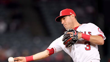 ANAHEIM, CA - MAY 02: Ian Kinsler #3 of the Los Angeles Angels throws out Craig Gentry #14 of the Baltimore Orioles during the third inning at Angel Stadium on May 2, 2018 in Anaheim, California. (Photo by Harry How/Getty Images)