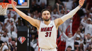 Max Strus #31 of the Miami Heat celebrates a three pointer against the Philadelphia 76ers(Photo by Michael Reaves/Getty Images)