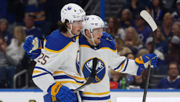 Nov 5, 2022; Tampa, Florida, USA; Buffalo Sabres center Casey Mittelstadt (37) celebrates with defenseman Owen Power (25) after scoring a goal against the Tampa Bay Lightning during the second period at Amalie Arena. Mandatory Credit: Kim Klement-USA TODAY Sports