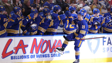 Apr 1, 2022; Buffalo, New York, USA; Buffalo Sabres center Peyton Krebs (19) celebrates his goal with teammates during the first period against the Nashville Predators at KeyBank Center. Mandatory Credit: Timothy T. Ludwig-USA TODAY Sports