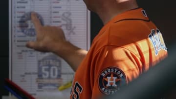 May 29, 2015; Houston, TX, USA; Houston Astros manager A.J. Hinch (14) looks at the lineup card before a game against the Chicago White Sox at Minute Maid Park. Mandatory Credit: Troy Taormina-USA TODAY Sports