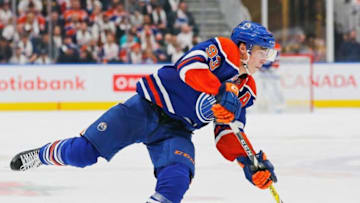 Oct 16, 2016; Edmonton, Alberta, CAN; Edmonton Oilers forward Ryan Nugent-Hopkins (93) takes a shot against the Buffalo Sabres at Rogers Place. Mandatory Credit: Perry Nelson-USA TODAY Sports
