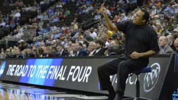 Mar 19, 2015; Jacksonville, FL, USA; Georgia State Panthers head coach Ron Hunter reacts against the Baylor Bears in the first half of a game in the second round of the 2015 NCAA Tournament at Jacksonville Veteran Memorial Arena. Mandatory Credit: Tommy Gilligan-USA TODAY Sports