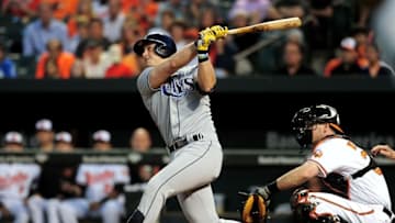 Sep 15, 2016; Baltimore, MD, USA; Tampa Bay Rays third baseman Evan Longoria (3) hits a three run home run in the first inning against the Baltimore Orioles at Oriole Park at Camden Yards. Mandatory Credit: Evan Habeeb-USA TODAY Sports