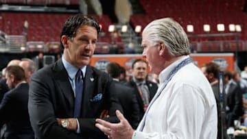 PHILADELPHIA, PA - JUNE 28: (L-R) Brendan Shanahan and Brian Burke of the Toronto Maple Leafs talk on Day Two of the 2014 NHL Draft at the Wells Fargo Center on June 28, 2014 in Philadelphia, Pennsylvania. (Photo by Bruce Bennett/Getty Images)