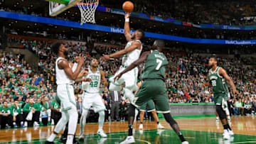 BOSTON, MA - APRIL 28: Semi Ojeleye #37 of the Boston Celtics goes to the basket against the Milwaukee Bucks in Game Seven of Round One of the 2018 NBA. Playoffs on April 28, 2018 at the TD Garden in Boston, Massachusetts. NOTE TO USER: User expressly acknowledges and agrees that, by downloading and or using this photograph, User is consenting to the terms and conditions of the Getty Images License Agreement. Mandatory Copyright Notice: Copyright 2018 NBAE (Photo by Brian Babineau/NBAE via Getty Images)