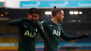 LEEDS, ENGLAND - MAY 08: Son Heung-Min of Tottenham Hotspur celebrates with Gareth Bale after scoring their side's first goal during the Premier League match between Leeds United and Tottenham Hotspur at Elland Road on May 08, 2021 in Leeds, England. Sporting stadiums around the UK remain under strict restrictions due to the Coronavirus Pandemic as Government social distancing laws prohibit fans inside venues resulting in games being played behind closed doors. (Photo by Jason Cairnduff - Pool/Getty Images)