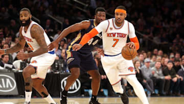 Jan 9, 2017; New York, NY, USA; New York Knicks forward Carmelo Anthony (7) drives against New Orleans Pelicans forward Solomon Hill (44) during the third quarter at Madison Square Garden. Mandatory Credit: Brad Penner-USA TODAY Sports